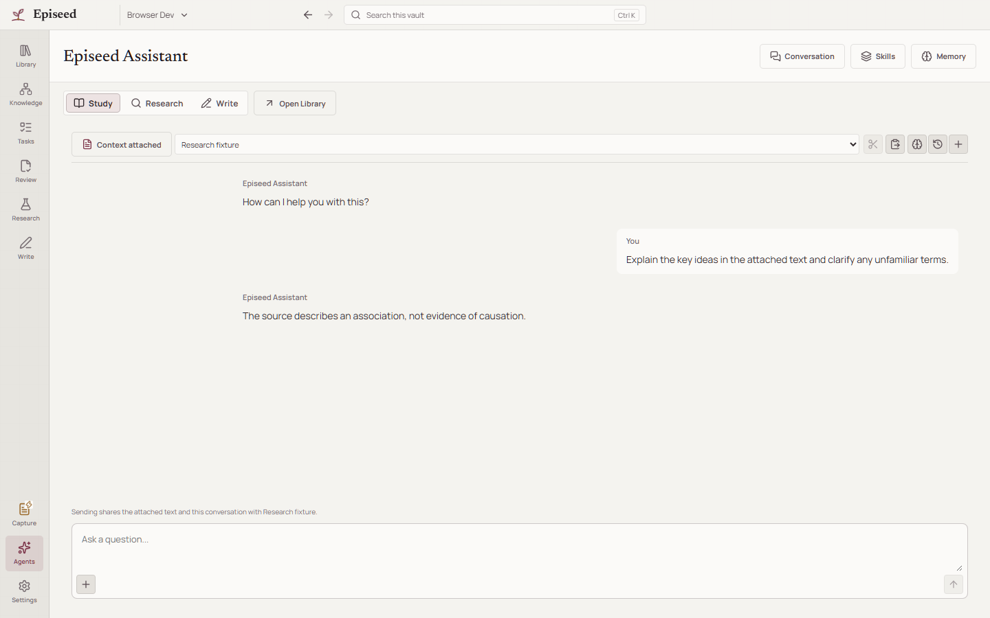 Episeed Study assistant with a source-linked conversation